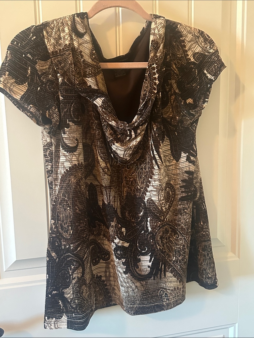 Susan Lawrence Brown and Cream Paisley Cowl Neck Tunic